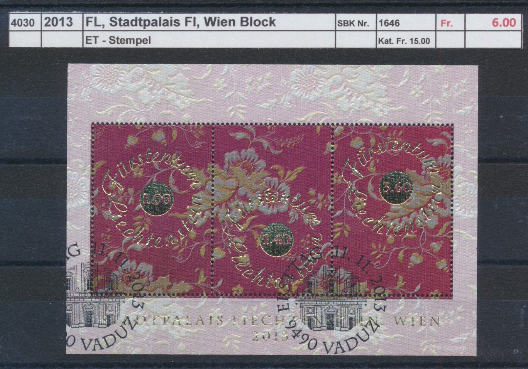 Alle Briefmarken: 2013 FL, "Stadtpalais FL, Wien", Block, ET - Stempel – Gebraucht aus Winterthur von Zupogeru