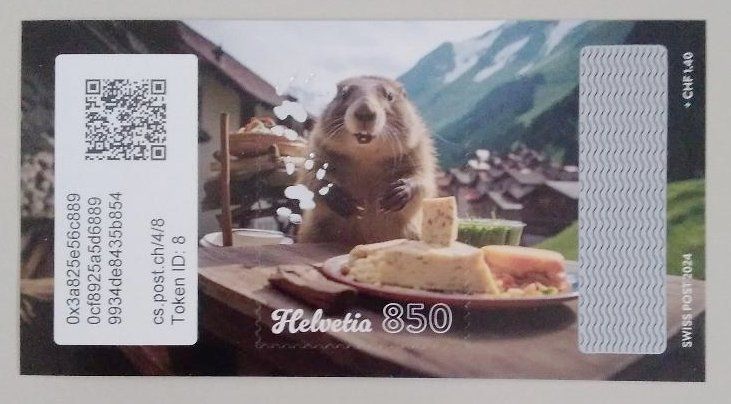 Tutti i francobolli: Swiss Crypto Stamp 4.0 ID 8 "Käse" mit NFT – Usato da Basel venduto da TokenID1