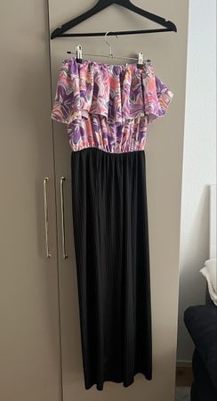 Kleid schulterfrei bunten Print lang schwarz Gr M