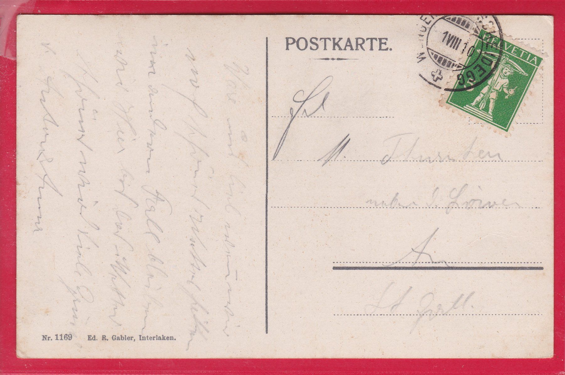 Cartoline postali: INTERLAKEN, DER KURSAAL, 1.8.1910 – Usato da Oberrieden venduto da Gebirgsstelze 1
