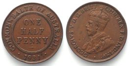 AUSTRALIA. 1/2 Penny 1931, George V, bronze, XF! vz