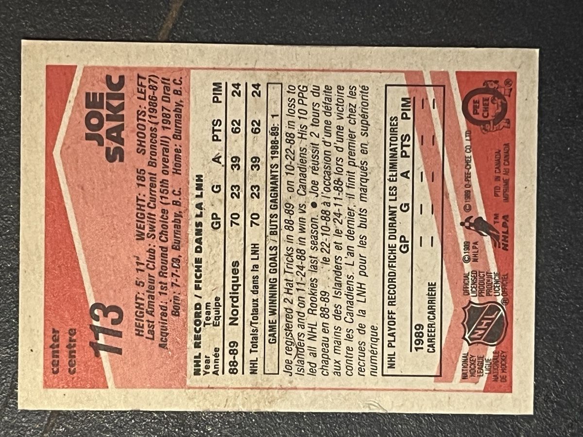 NHL Carte collezionabili: Joe Sakic Rookie Card – Usato da Avry-devant-Pont venduto da Tig08 2