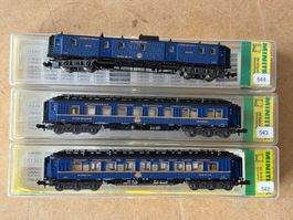 3x Minitrix Personenwagen-Set Orientexpress blau mit Licht