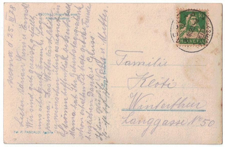 Ansichtskarten: Ascona, Albergo Quattrini, circolata 1928 – Gebraucht aus Frauenfeld von POML 1