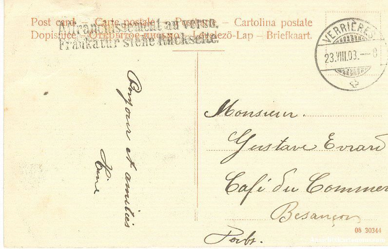 Cartoline postali: Verrières - les Verrières + 1908 – Usato da Emmenbrücke venduto da teestube 1