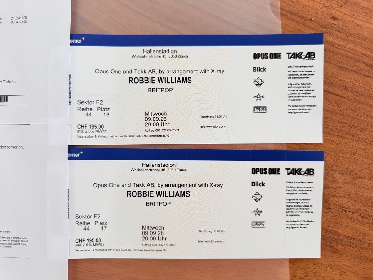 Tickets: 2x Robbie Williams Tickets – Neu (gemäss Beschreibung) aus Thun von Buchholtron