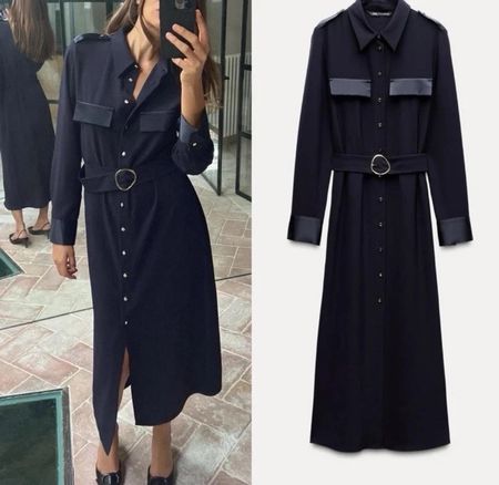 Zara Langarmhemdkleid mit Gürtel, blau, Grösse S