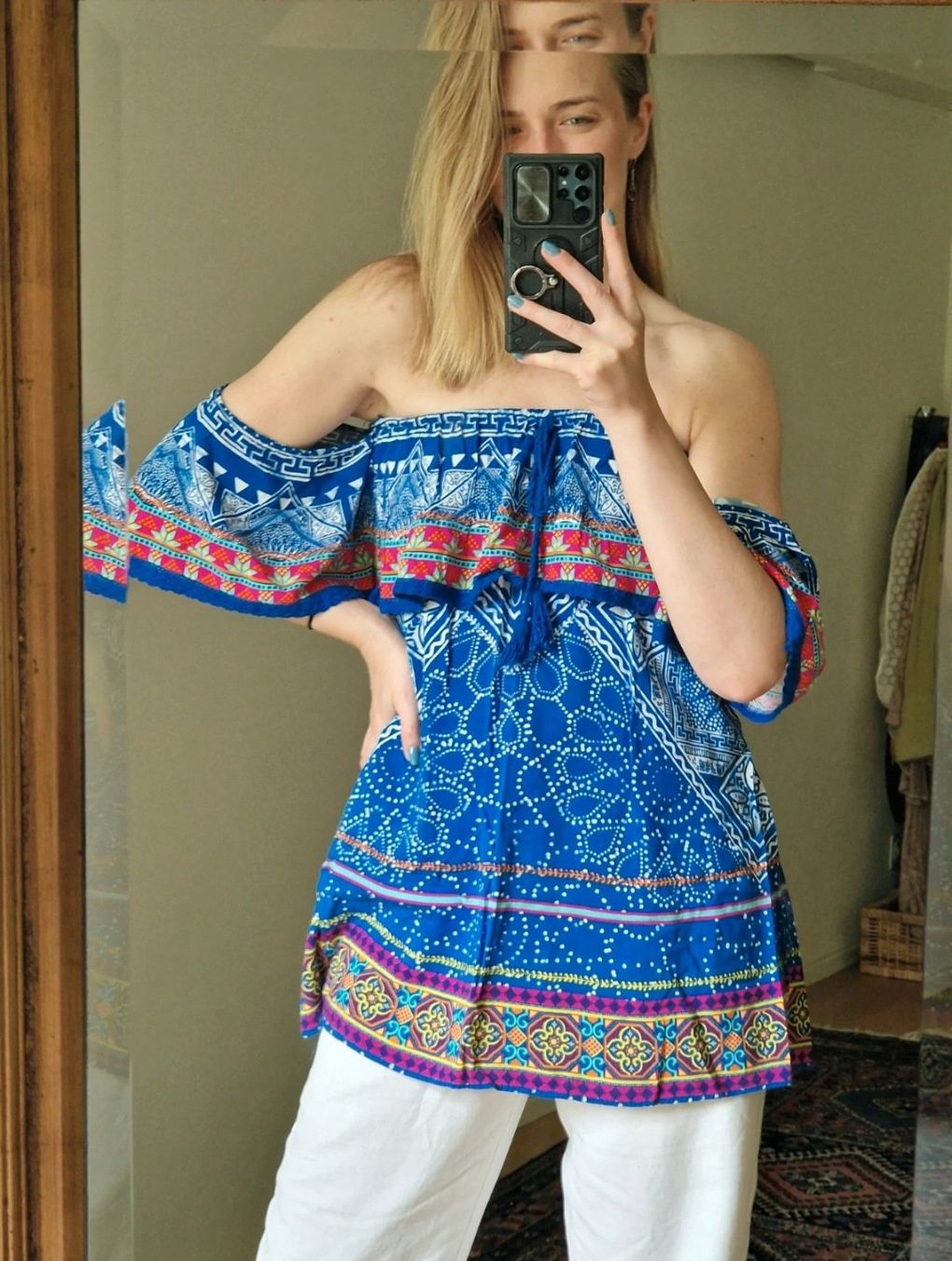 Tuniche: Bunte Off-Shoulder tunika Hippie Blau gemustert – Usato da Zürich venduto da tsu_76bc