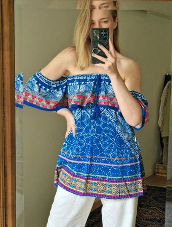Bunte Off-Shoulder tunika Hippie Blau gemustert