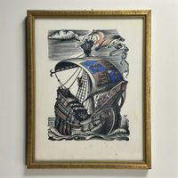 Superbe ancienne gravure sur bois d'un voilier. Signée