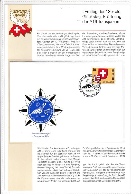 Eröffnung der A16 Transjurane, S-Stempel | Kaufen auf Ricardo