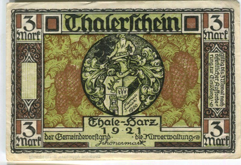 Banconote: Notgeld "3 Mark. Thale 1921" – Usato da Basel venduto da Butsch5 1