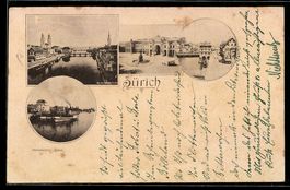 AK Zürich, Limmat, Bahnhof und Stadtufer