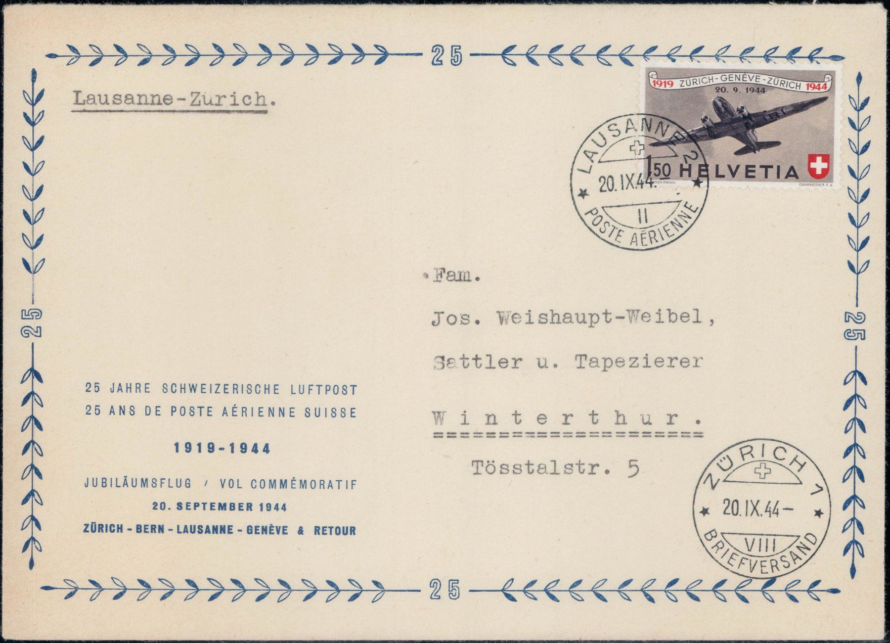 Tutti i francobolli: Flugpost 1944, total 12 Etappen, 480.- – Usato da Horw venduto da pilatusmail 4