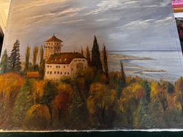 Ölgemälde Landschaft mit Schloss und See im Herbst