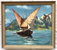 Gemälde - Öl auf Leinwand - Boot mit Alpenkulisse (1932)