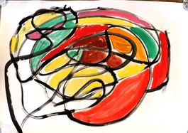 Abstraktes Bild auf Papier Acryl Farben Rot Gelb Grün