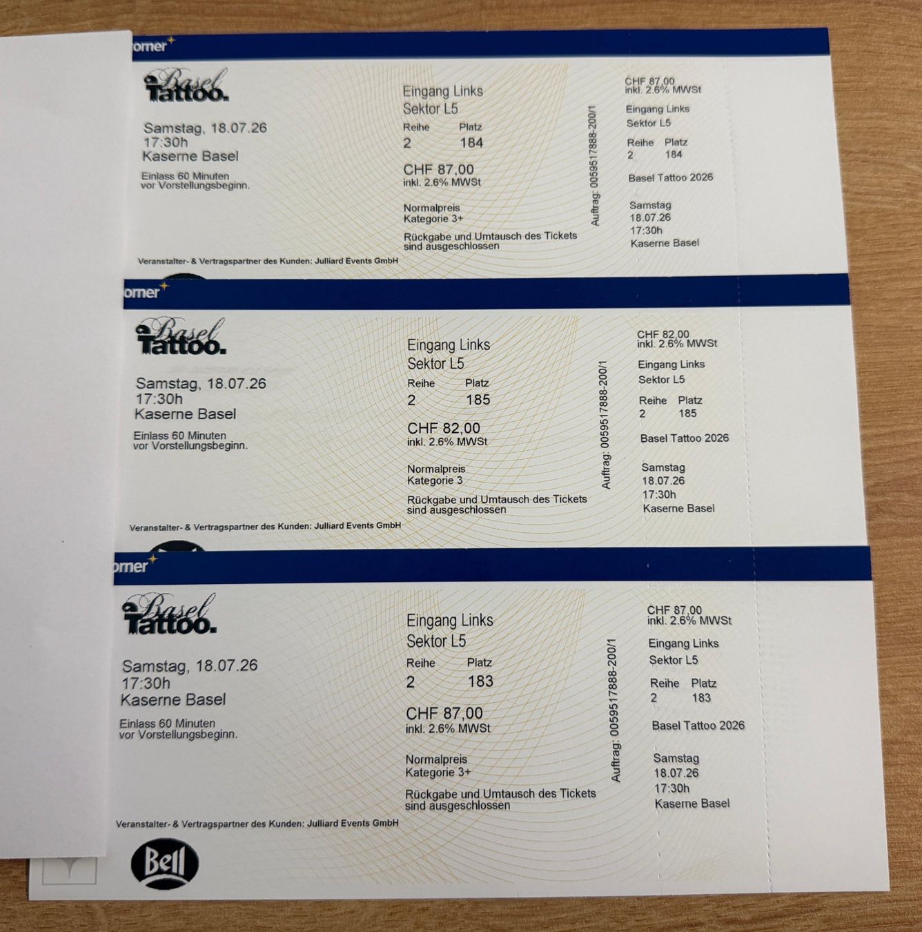 Tickets: 3 x Tickets Basel Tattoo 18.07.2026 – Neu und originalverpackt aus Heiden von FinancialServices