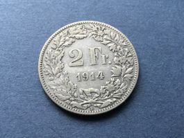 2 Franken Silbermünze 1914 .  ungereinigt