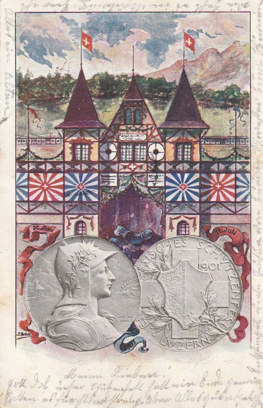 Cartoline postali: Eidg. Schützenfest Luzern 1901 – Usato da Crémines venduto da clifden92