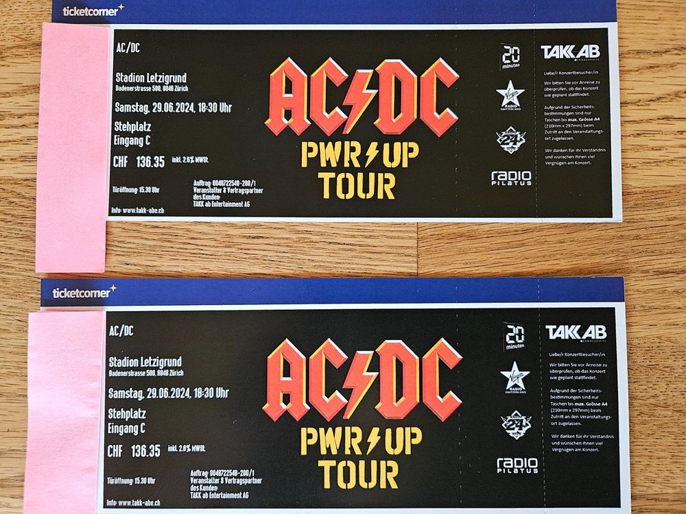 2 AC/DC Ticket, 29.06.2024, Stehplatz, Letzigrund Zürich (Neu (gemäss ...