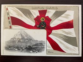 GLARUS Ortsansicht, Heiliger Fridolin, PRÄGEKARTE MIT WAPPEN