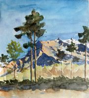 M. Debrunner, Aquarell, Landschaft, Berge, 1957
