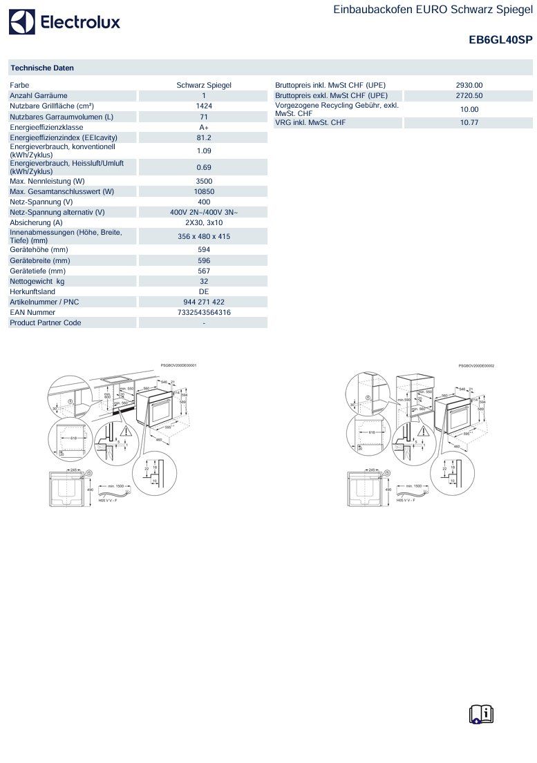 Electrolux Forni: EB6GL40SP Einbaubackofen – Nuovo (secondo la descrizione) da Wängi venduto da SPCSHOP 6