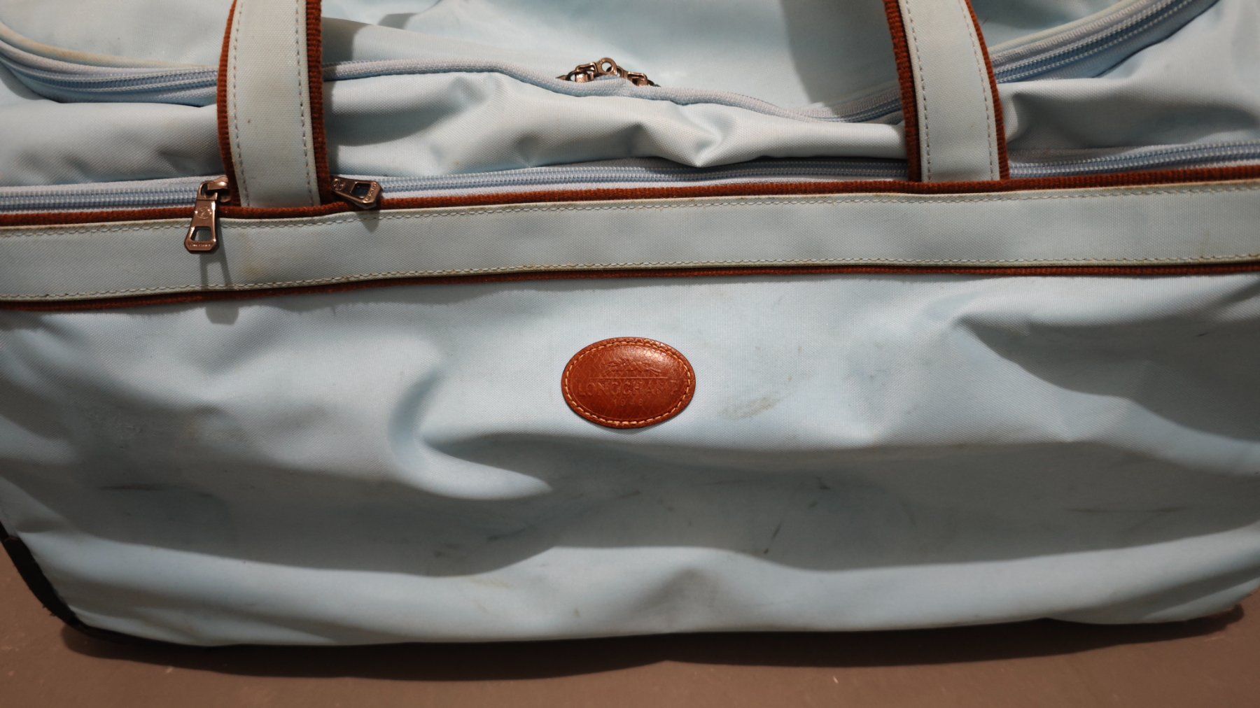 Longchamp Valigie: Longchamp Le Pliage Reisetasche mit Rollen, hellblau – Usato da Zürich venduto da Kybele25 1
