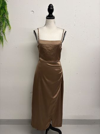 Zara Kleid Satin braun mit Perlen Träger Gr. M Midikleid
