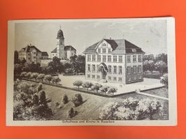 Historische Postkarte Schulhaus und Kirche Russikon 1913