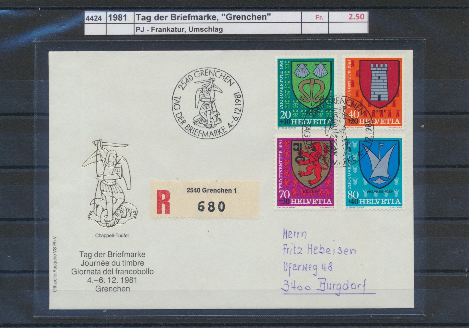 Tutti i francobolli: 1981 Tag der Briefmarke, "Grenchen", Umschlag – Usato da Winterthur venduto da Zupogeru