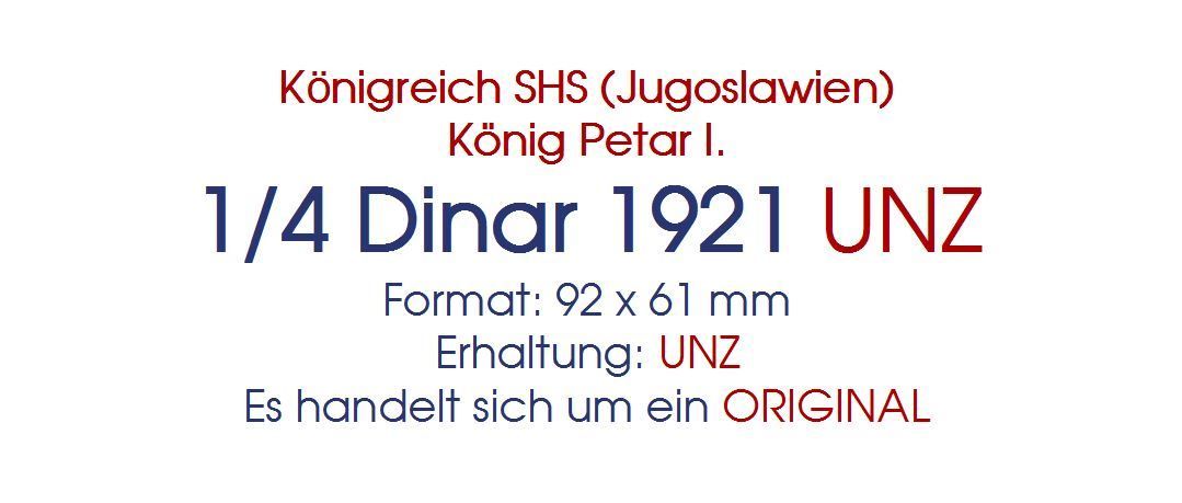 Banconote: 1/4 Dinar 1921 UNZ RRR – Nuovo (secondo la descrizione) da Flamatt venduto da samowarow 1