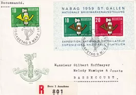 1959, NABAG-Block Nr. W38+, auf offiz. R-FDC nach Bassecourt