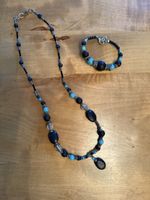 Schmuckset Halskette und Armband Lavastein türkisblau