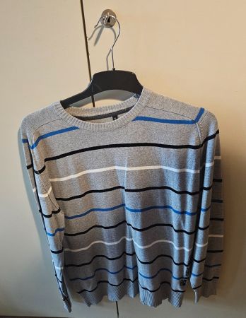 Pull Homme XL rayé gris, bleu, blanc et noir