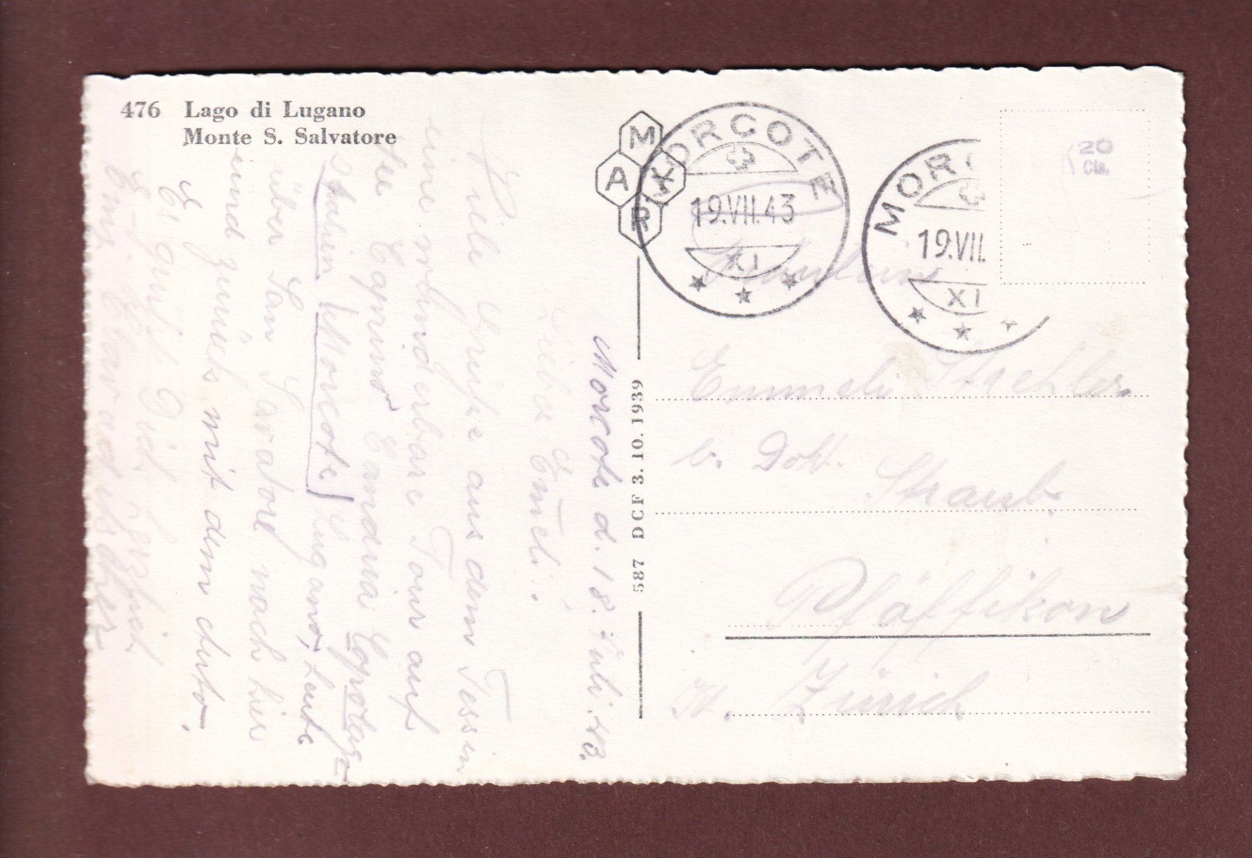 Cartoline postali: LUGANO - San Salvatore - 1943 – Usato da Pully venduto da nicecards 1
