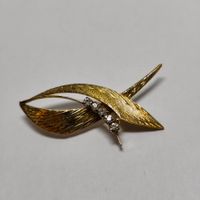 Broche Feuille Dorée Vintage Strass Transparents #C2