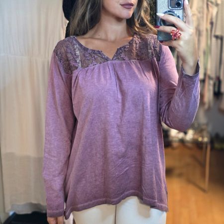 Ulla Popken Damen Bluse Gr. 46/48 Baumwolle Spitze Lila