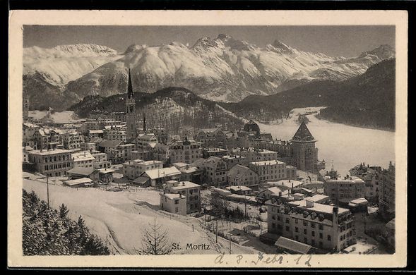 Cartoline postali: AK St. Moritz, Winteransicht mit Kirche und See – Usato da Berlin venduto da bartko-reher
