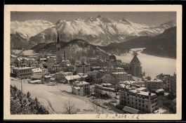 AK St. Moritz, Winteransicht mit Kirche und See