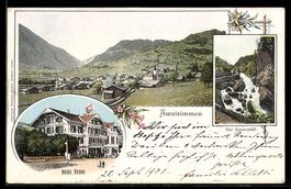 AK Zweisimmen, Panorama mit Hotel Krone und Simmenfall