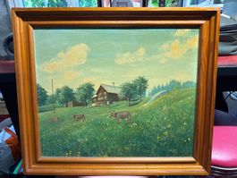 Gemälde Alpenlandschaft mit Kühen von Chr. Vetsch 1960 50...