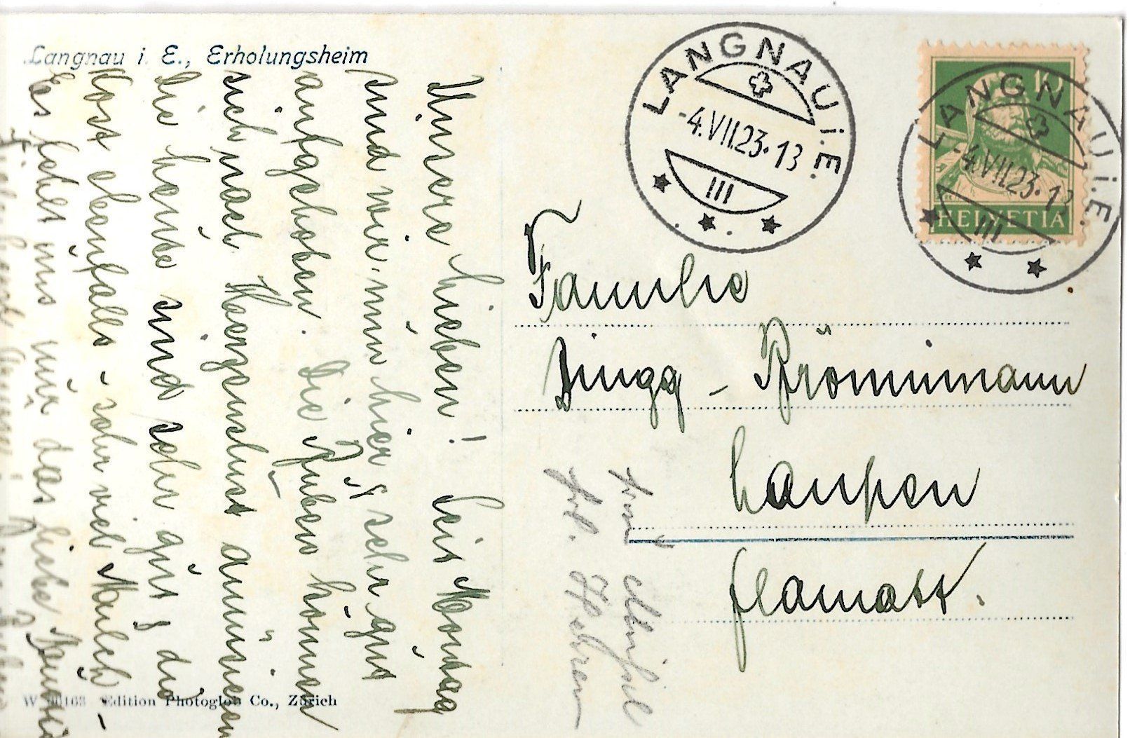 Cartoline postali: Langnau im Emmental, Erholungsheim, 1923 – Usato da Frauenfeld venduto da Merk52 1