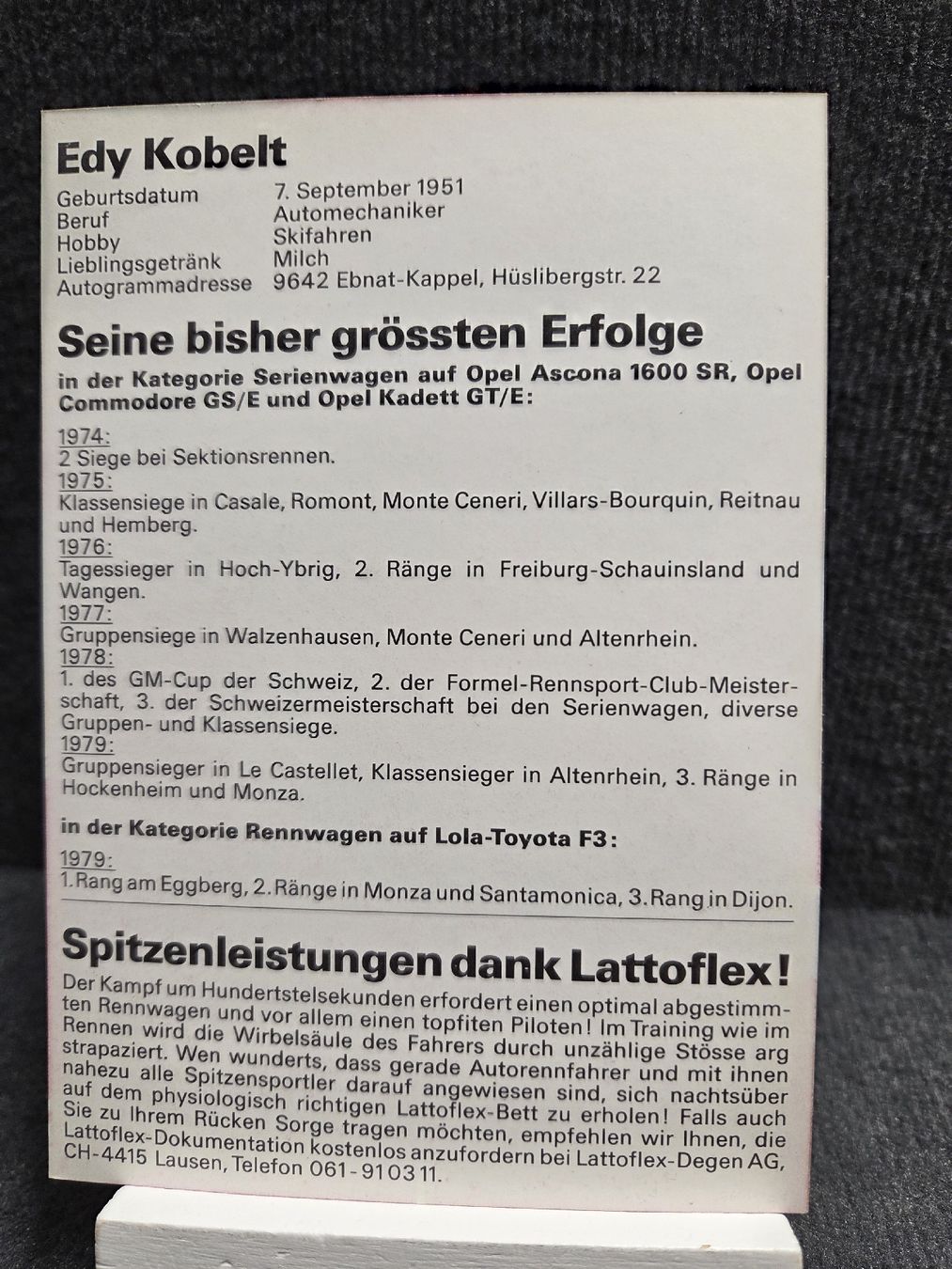 Autogramme: Edy Kobelt Schweizer Rennfahrer  – Gebraucht aus Wetzikon ZH von AmacherM 1