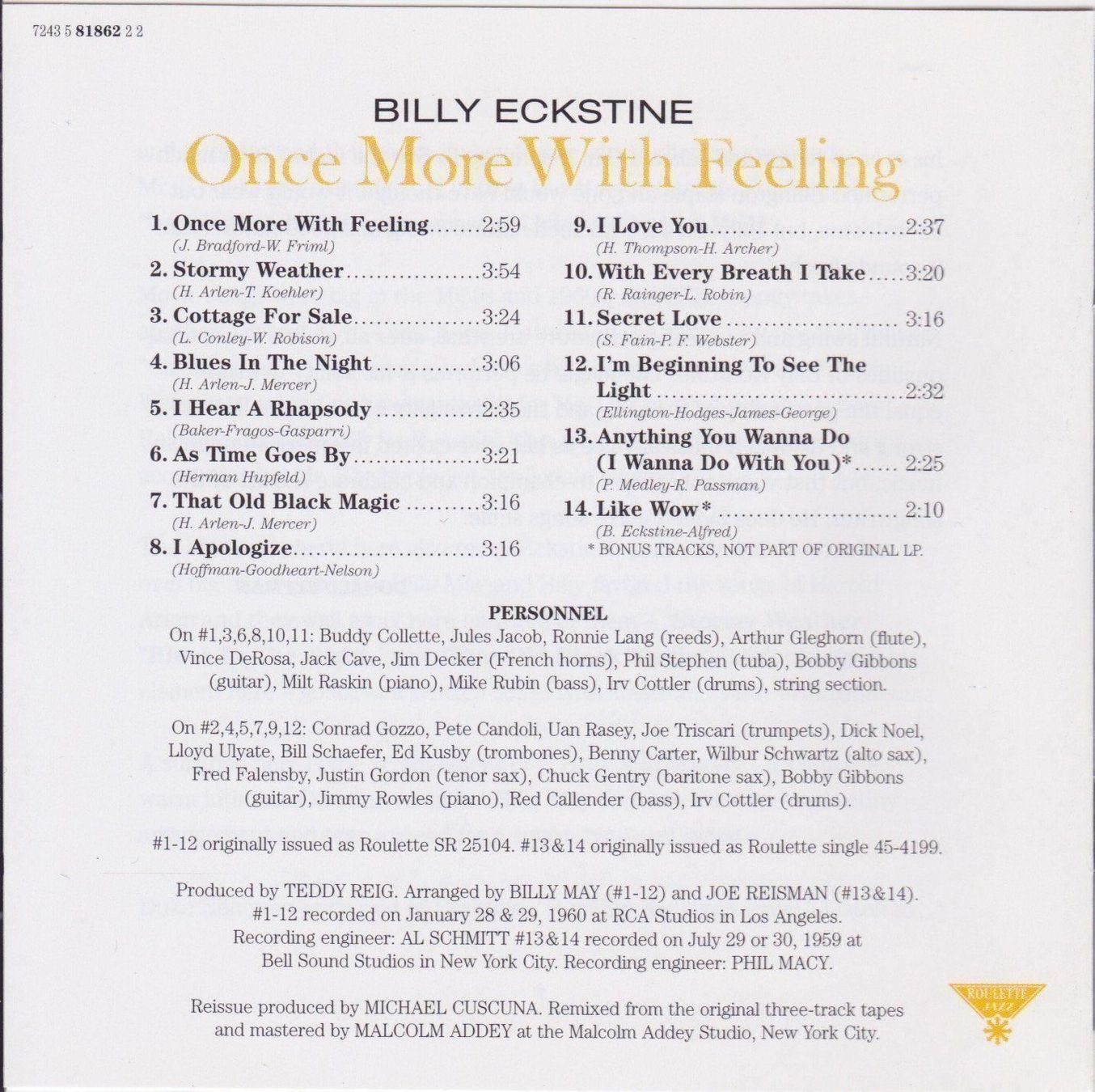 CD: BILLY ECKSTINE - ONCE MORE WITH FEELING – Usato da Lausanne venduto da sba_jg8r 2
