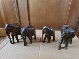 4 Edel Holz Elefanten - Skulptur Figur - 14 cm Schnitzerei