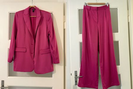 Pinker Hosenanzug, Blazer und Schlaghose, Grösse S/M