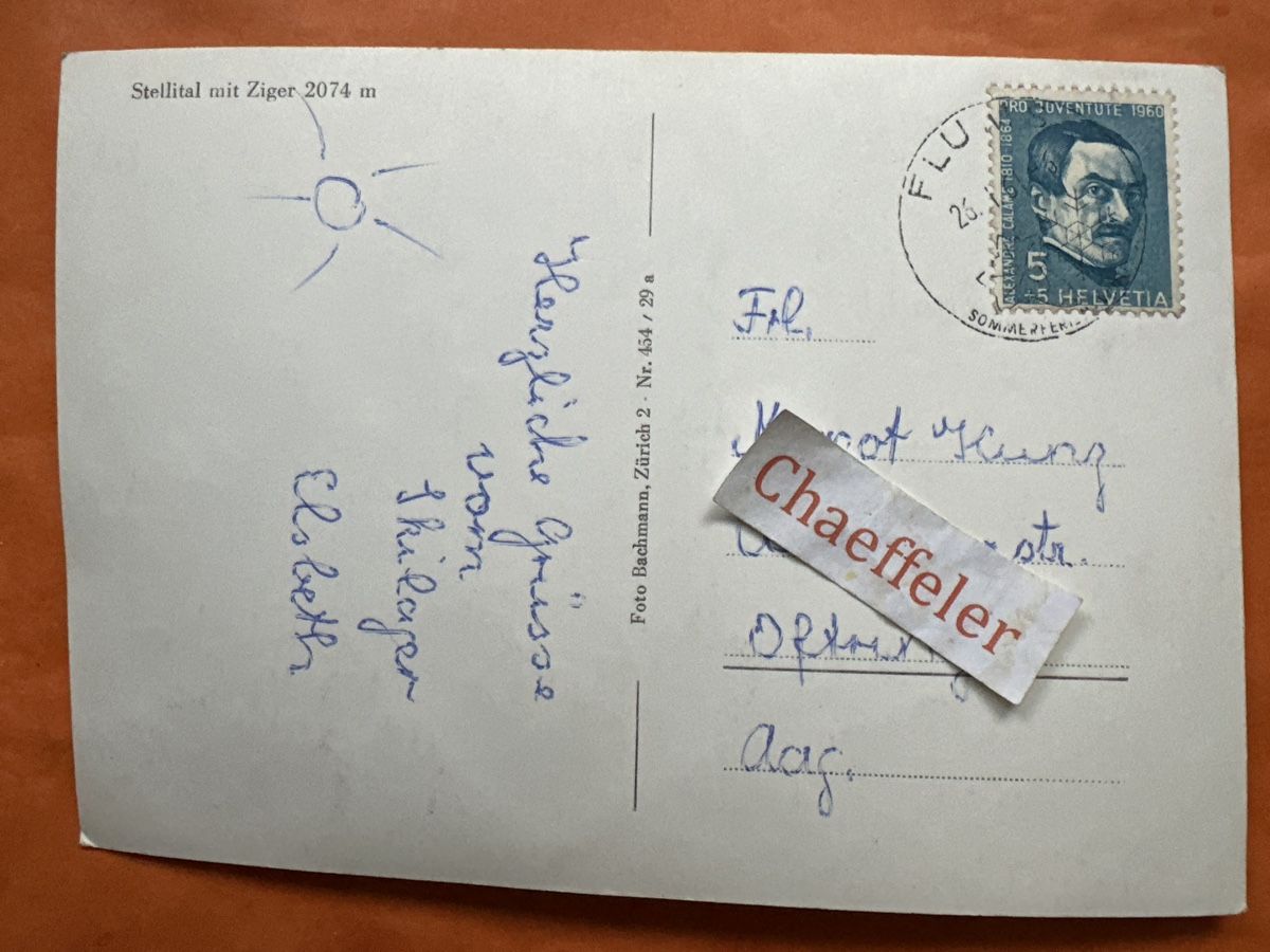Ansichtskarten: 1961 Stelital mit Ziger 2074 m. – Gebraucht aus Zürich von Chaeffeler 1