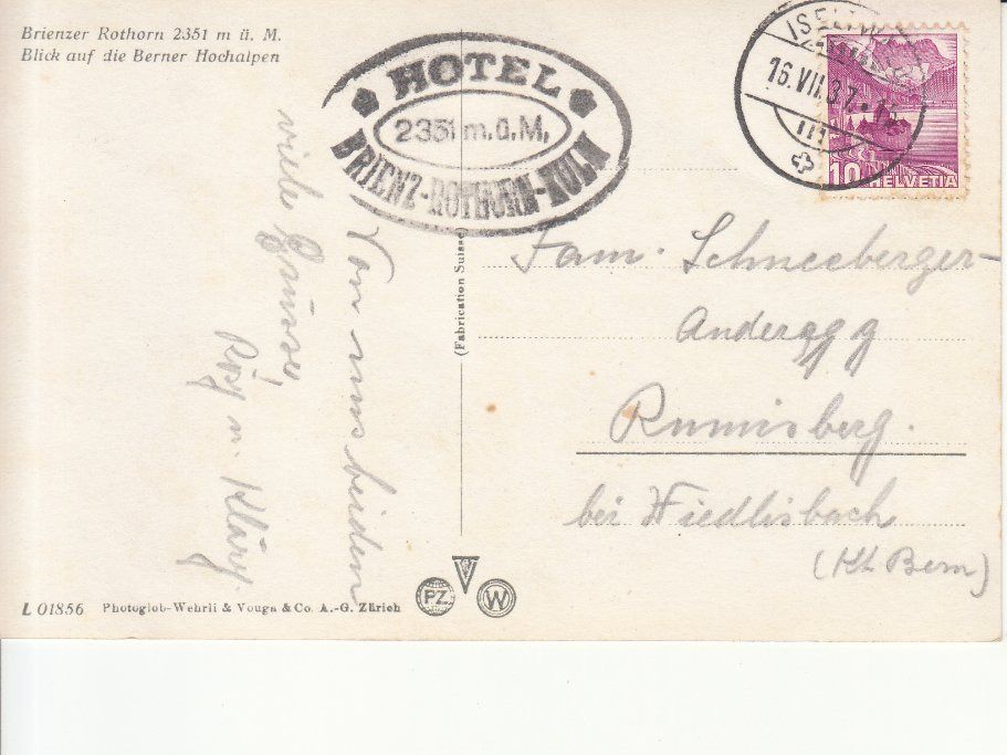Cartoline postali: Brienzer Rothorn 1938 – Usato da Bürglen TG venduto da StampGraf 1